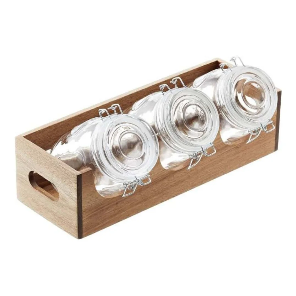 Dispenser Portacereali Acacia Con 3 Barattoli Jars Vetro da 1 lt Leone