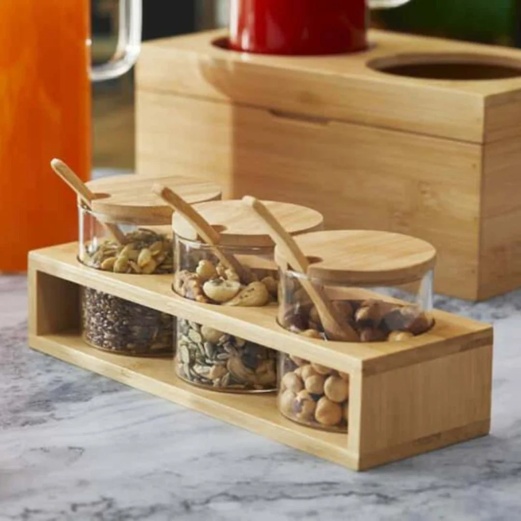 Set 3 Vasetti Vetro con Base Bamboo 28x9,3x10 cm LEONE