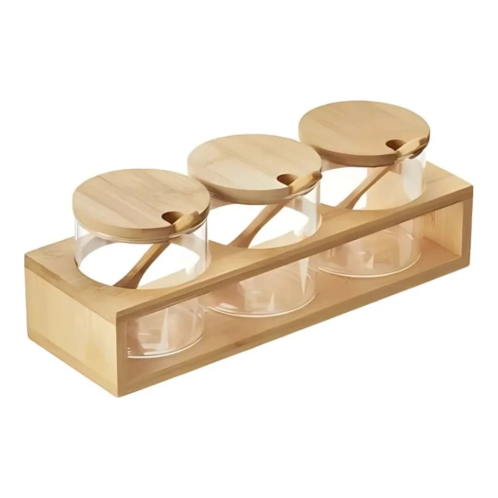 Set 3 Vasetti Vetro con Base Bamboo 28x9,3x10 cm LEONE