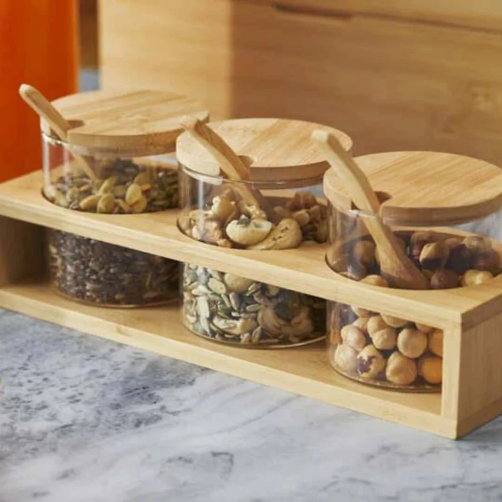 Set 3 Vasetti Vetro con Base Bamboo 28x9,3x10 cm LEONE