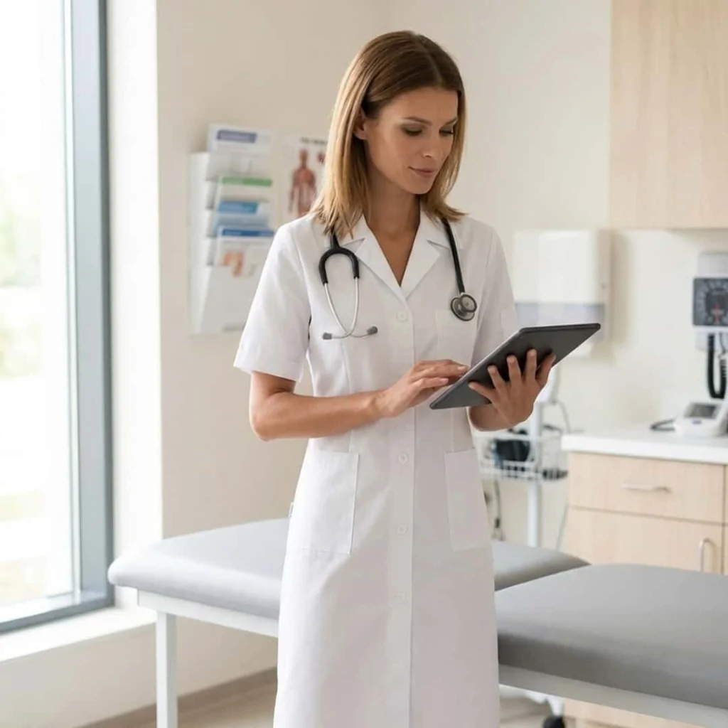 Camice Medico Donna Bianco Cotone Manica Corta ISACCO
