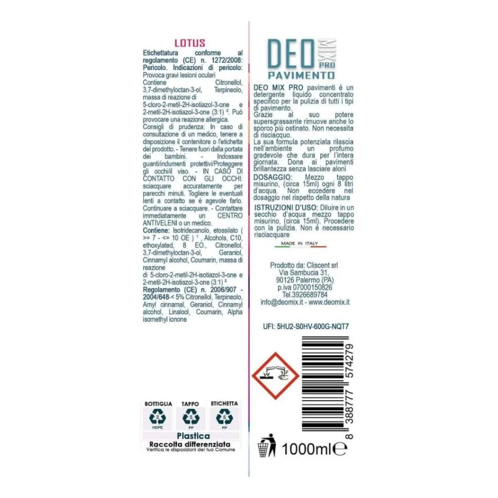 Detersivo Pavimenti Concentrato Lotus 1 L DEO MIX