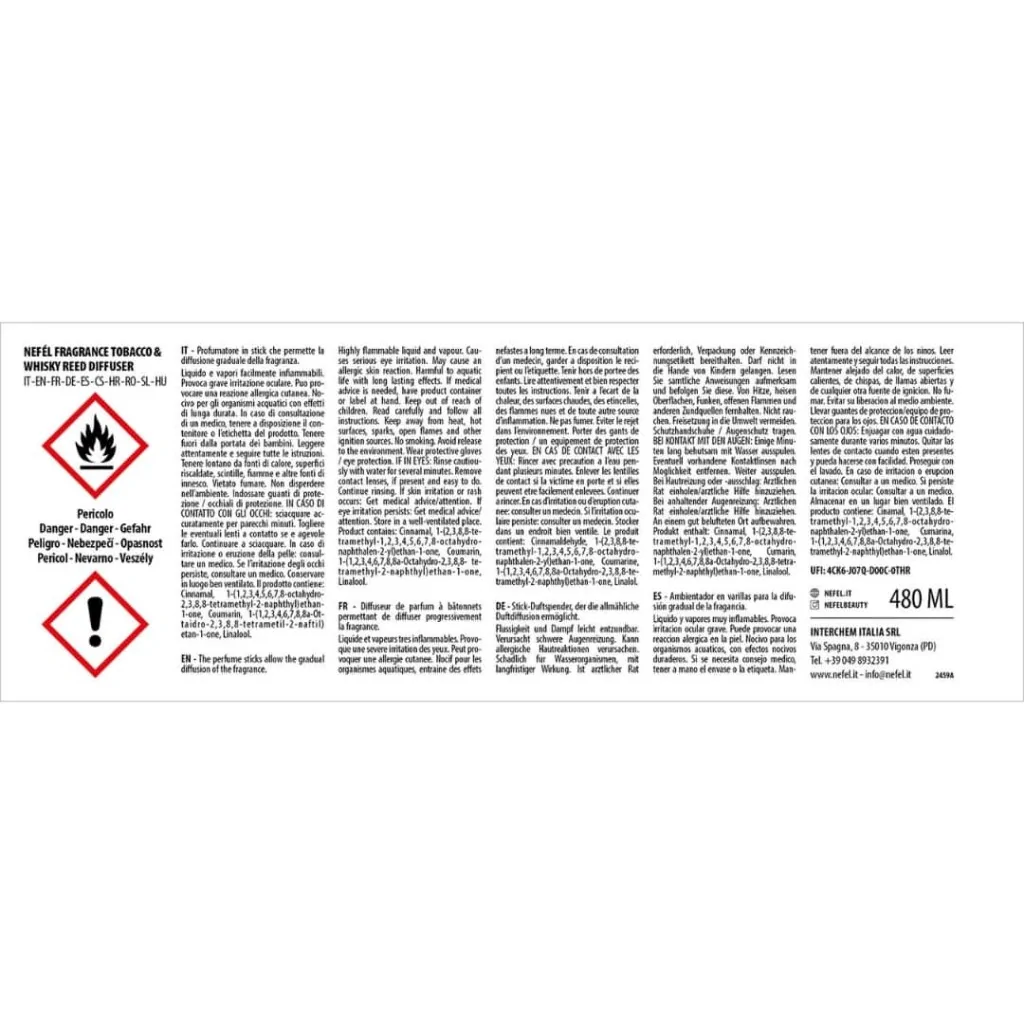 Diffusore Bastoncini Nefél Tobacco & Whisky 480 ml INTERCHEM