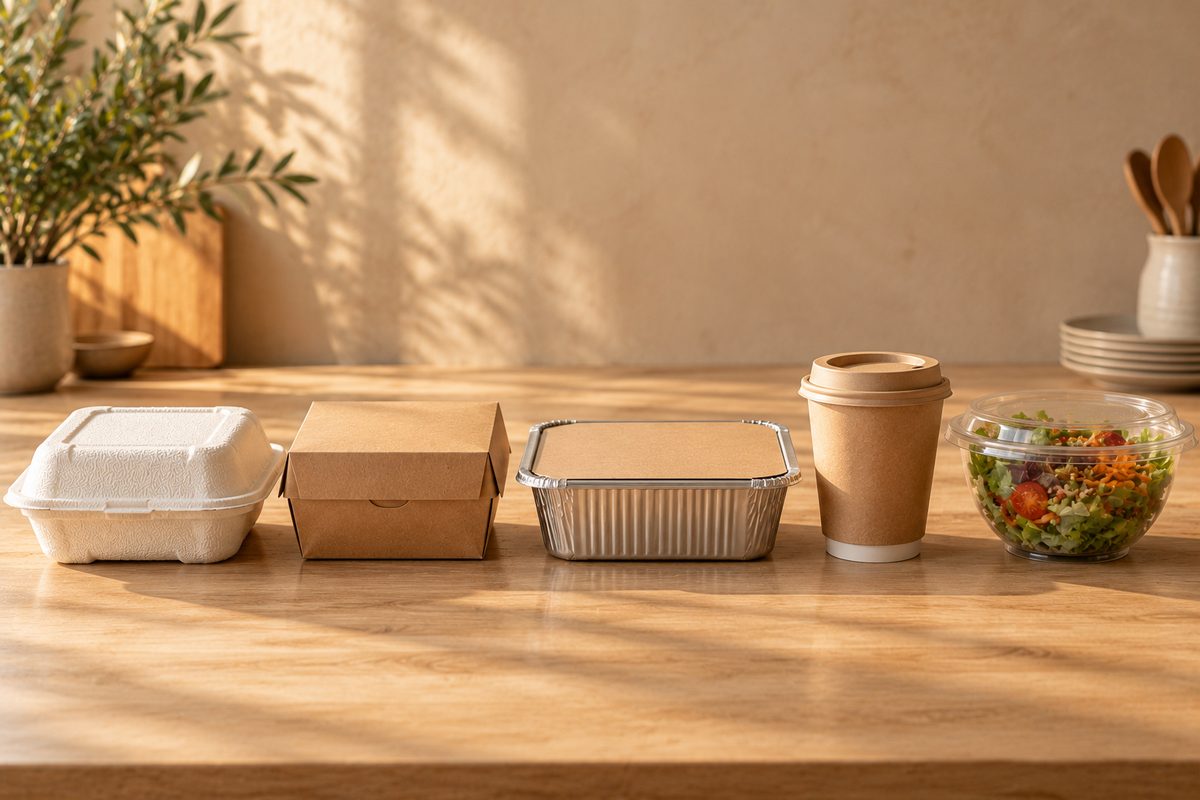 Contenitori da asporto in polpa di cellulosa, cartoncino, alluminio, carta e plastica