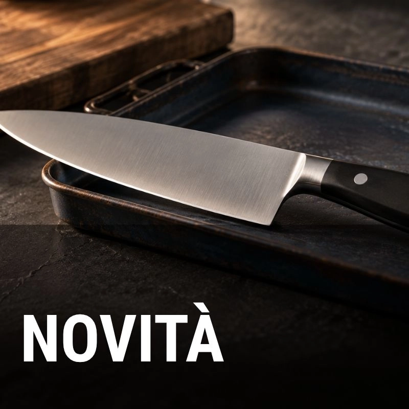 Nuovi arrivi: coltello da chef e teglia in ferro blu su piano di ardesia