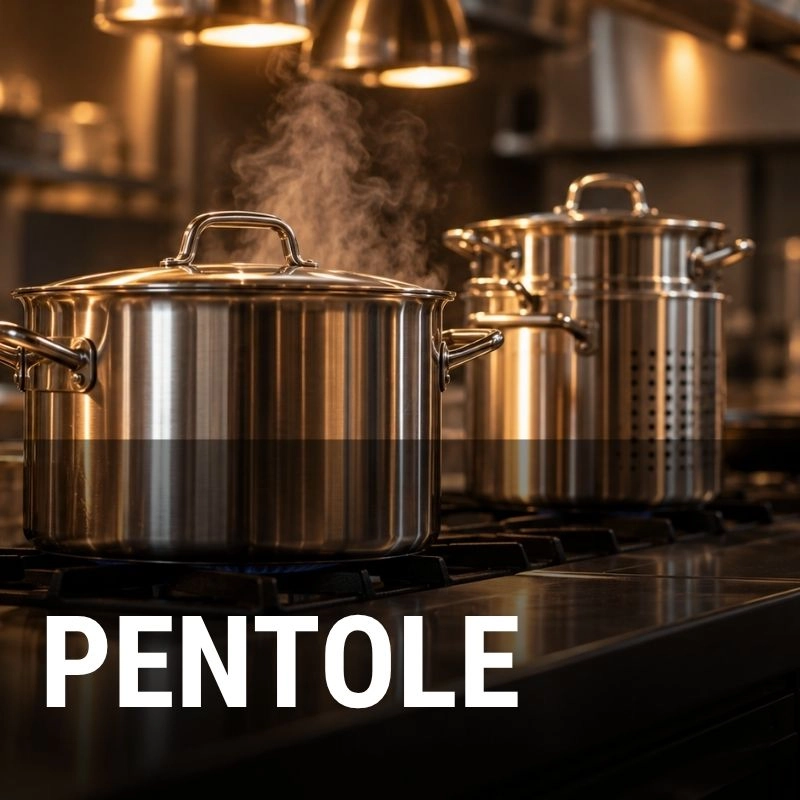 Pentole e casseruole professionali in acciaio inox su piano cottura di cucina