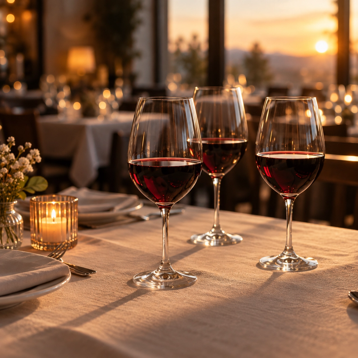 Calici da vino rosso in vetro, forma Bordeaux, su tavola di ristorante