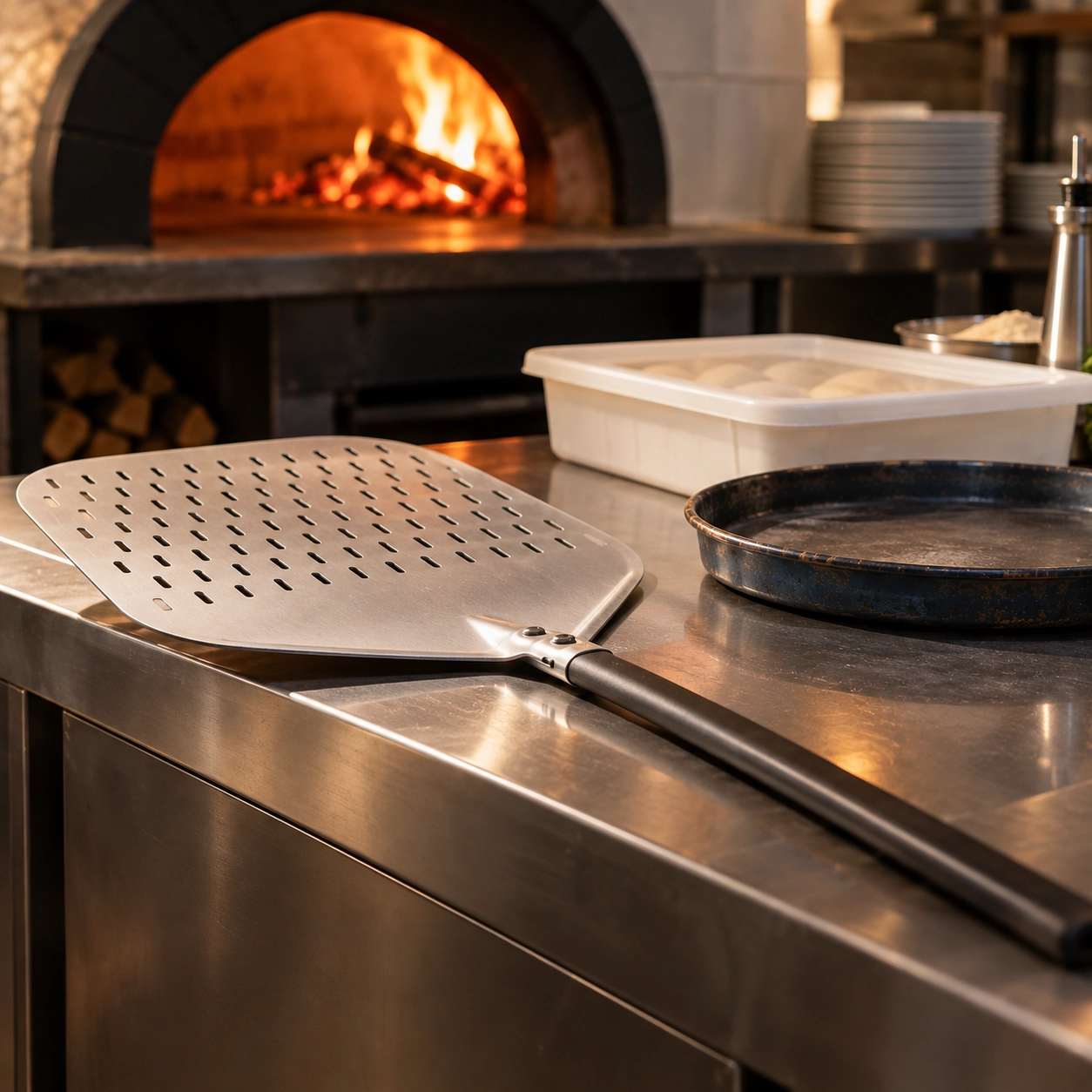 Pala per pizza in alluminio, teglia in ferro blu e contenitore per impasto davanti al forno