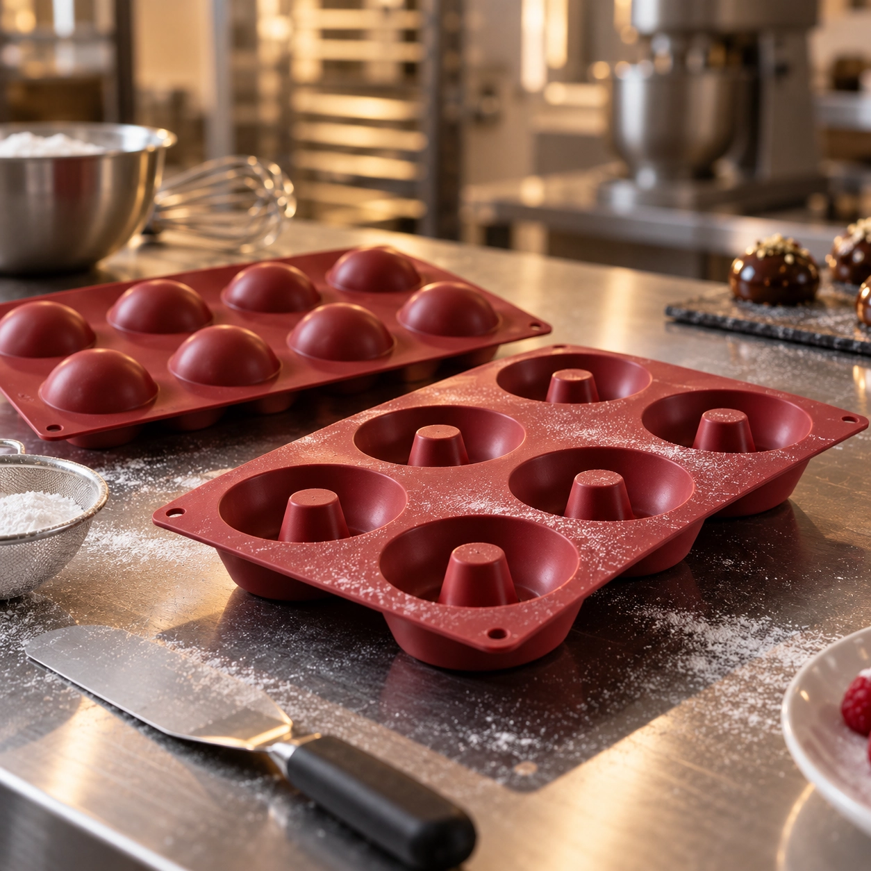 Stampi in silicone per dolci, semisfere e ciambella, su banco da pasticceria