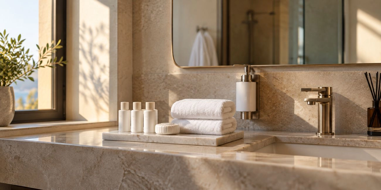 Set cortesia per hotel con dispenser e asciugamani: linea cortesia per camere e B&B