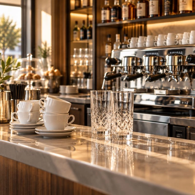 Banco bar con macchina del caffè, tazzine impilate e bicchieri long drink