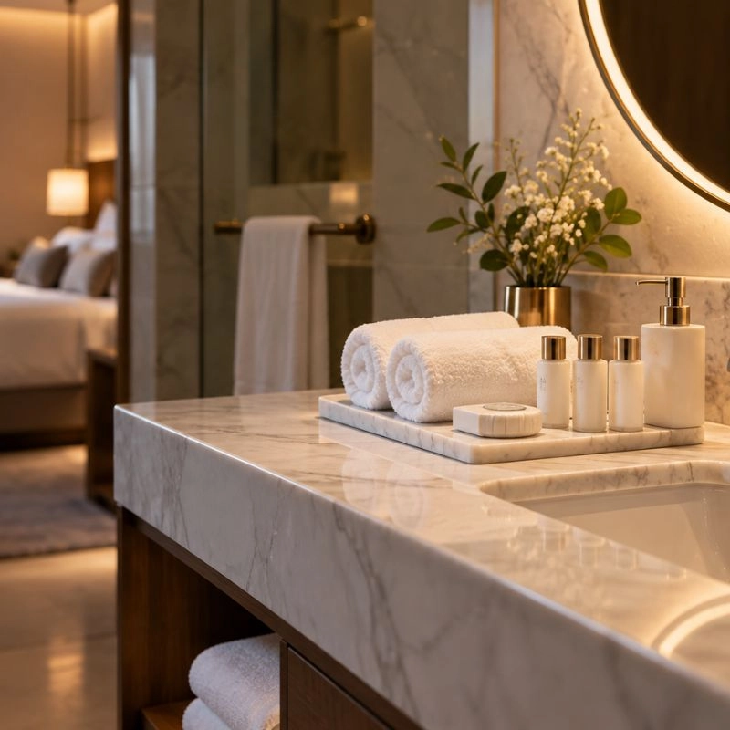 Bagno di camera d'hotel con set cortesia e asciugamani sul lavabo in marmo
