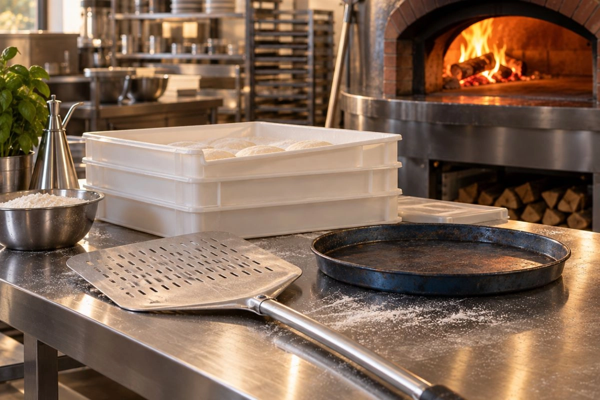 Banco pizzeria in acciaio con cassette per impasto, pala e forno a legna acceso