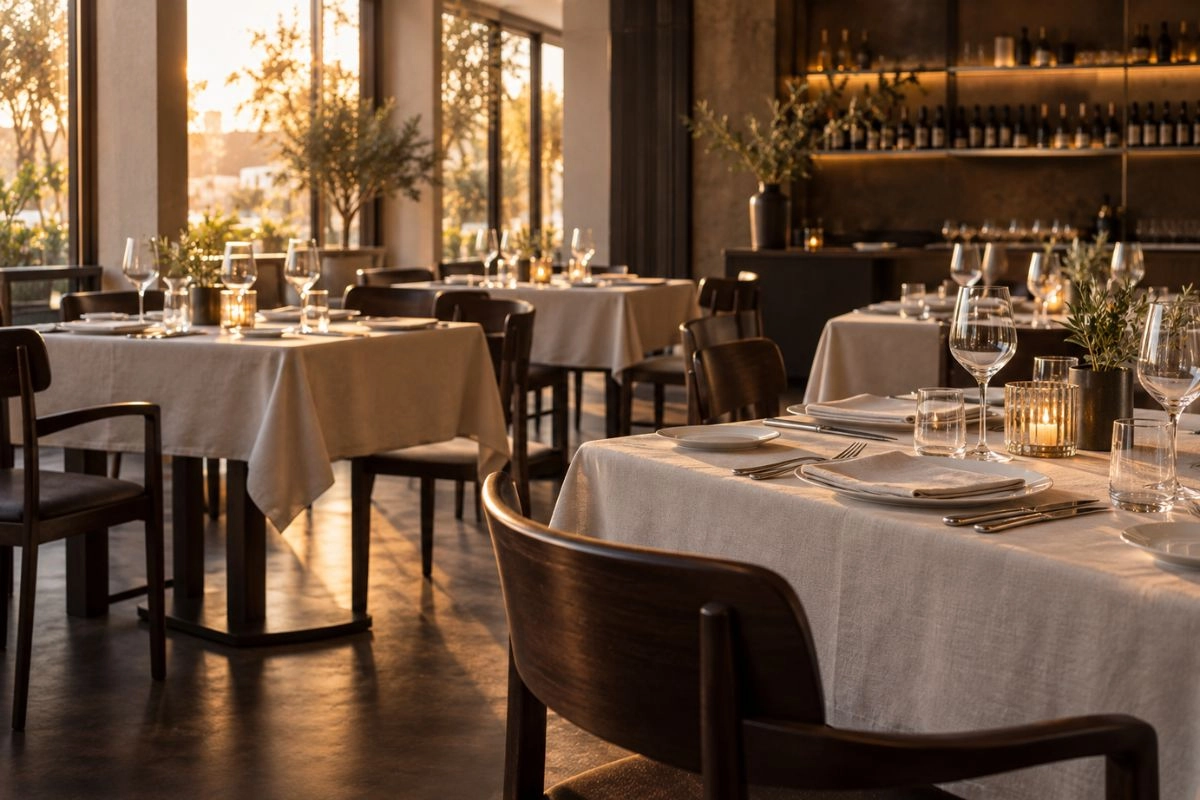 Sala ristorante con tavoli apparecchiati, calici da vino e posate in acciaio